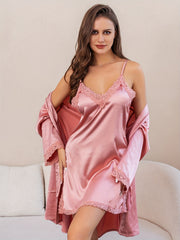 Lace Stitching Lounge Set Long Sleeve Robe & Slip Dress