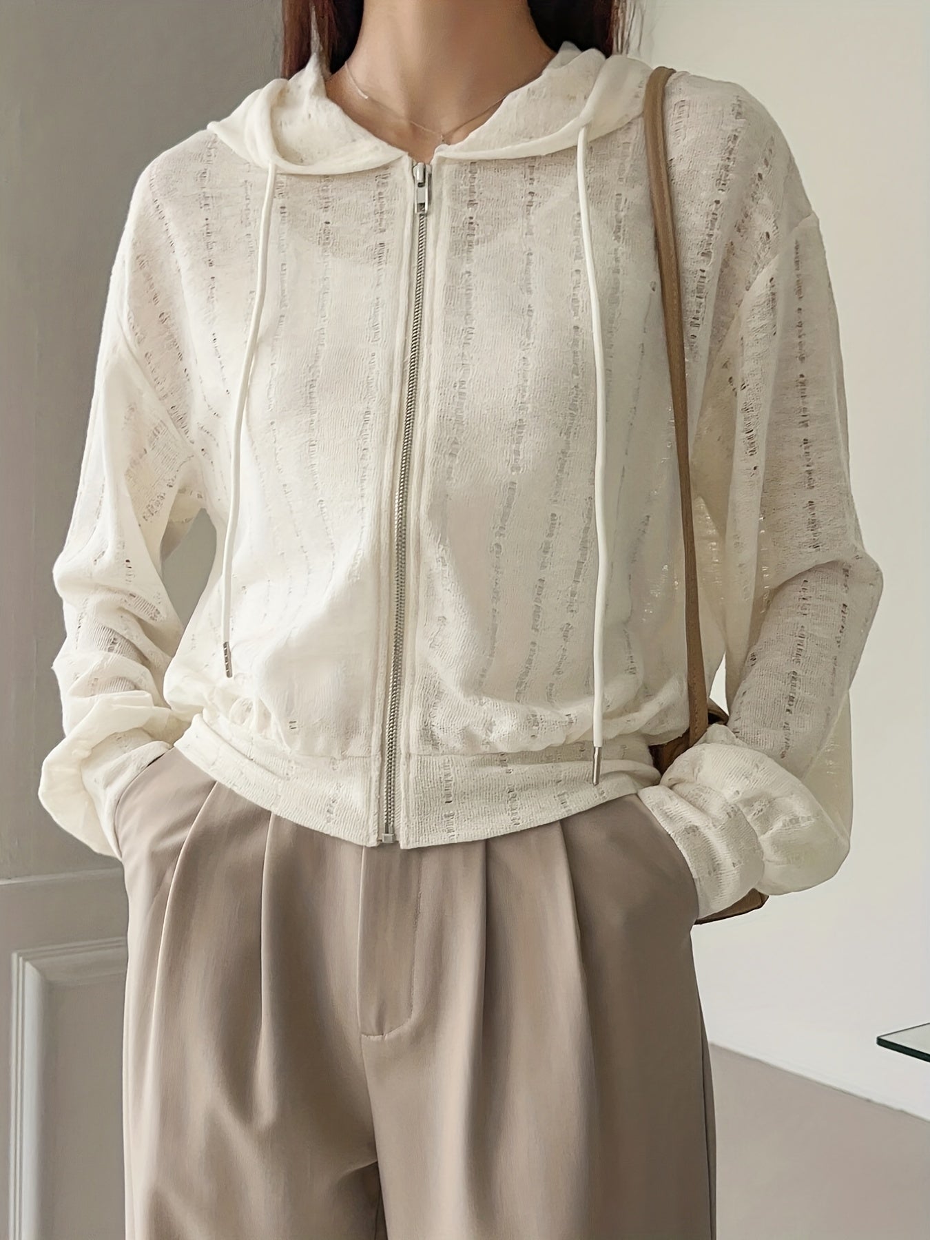 Drawstring Zipper Ripped Hoodie Long Sleeve Outwear