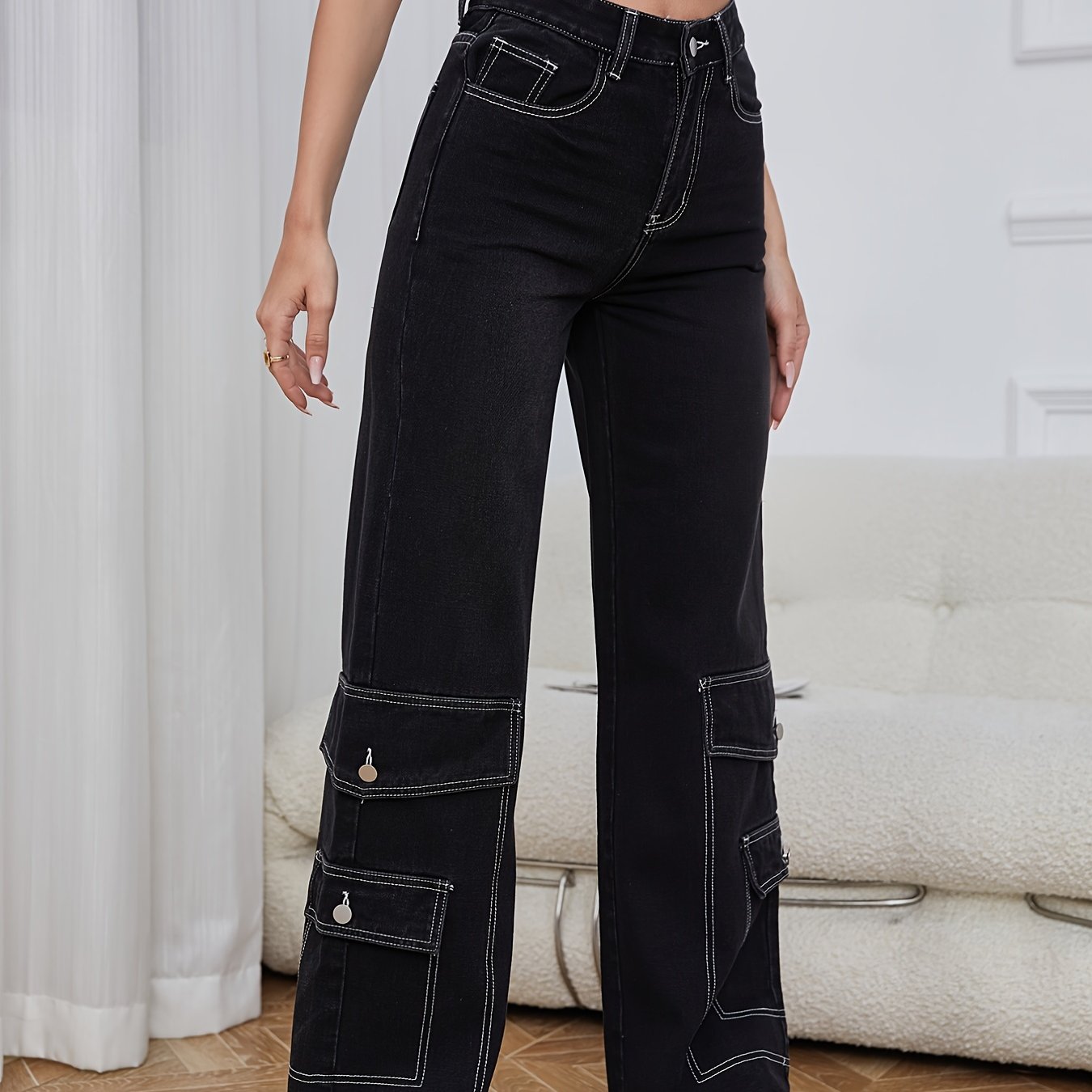 High Waist Flap Pockets Cargo Pants Loose Fit