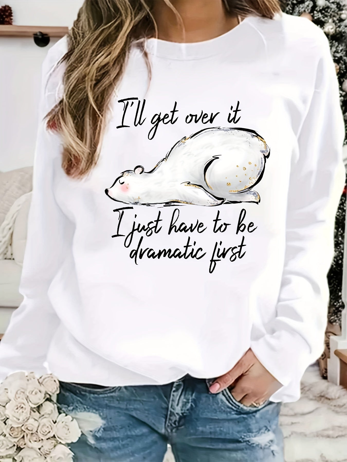 Letter & Polar Bear Print Loose Sweatshirt Women's Clothing