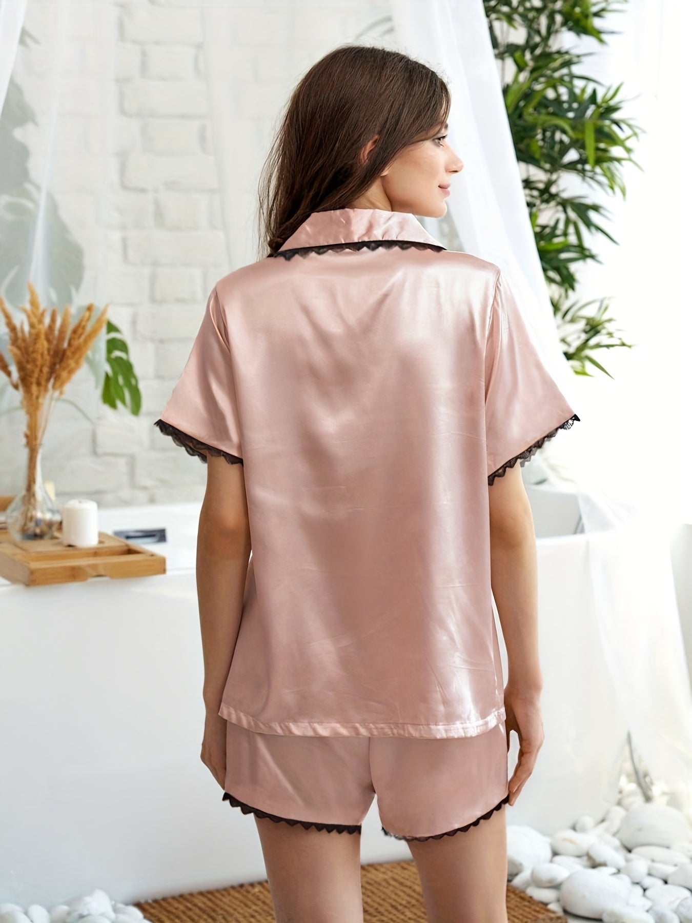Satin Pajama Set Lace Trim Button Top & Shorts