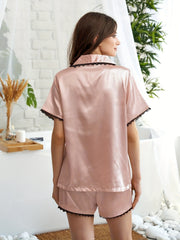 Satin Pajama Set Lace Trim Button Top & Shorts