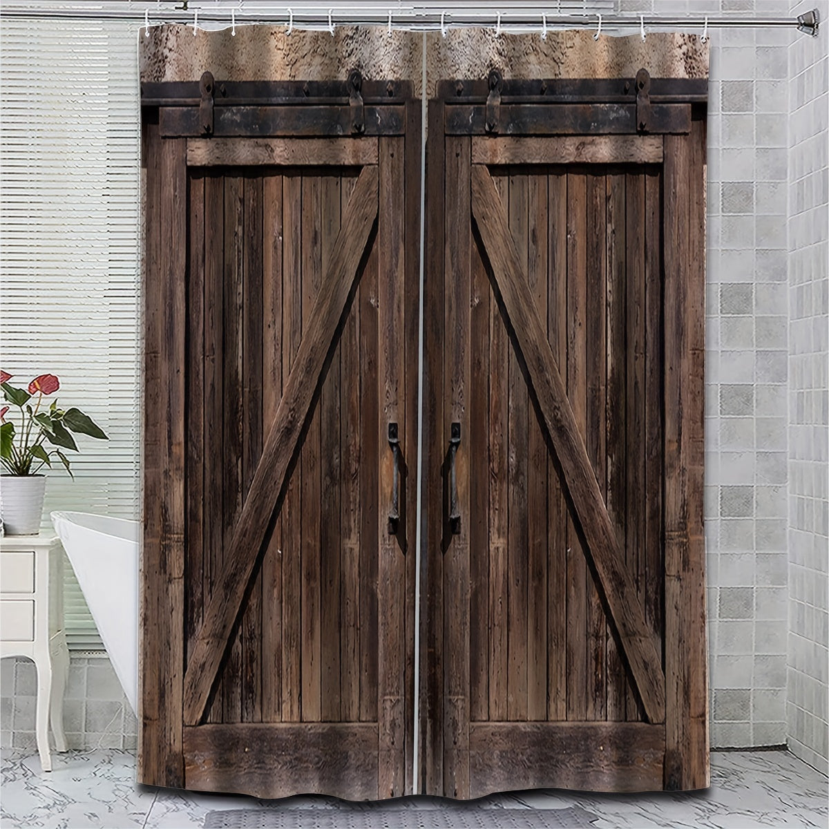 Wooden Door Shower Curtain Waterproof Fabric Bath Curtain Bathroom Decor