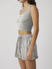Casual Crew Neck Button Tank Top & Shorts Set for Summer