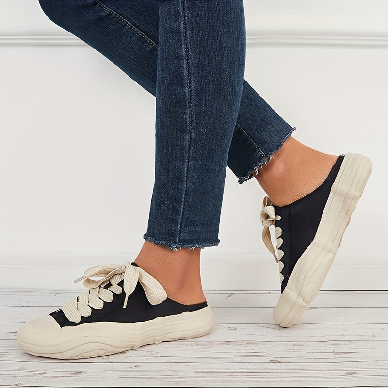 Vintage Lace Up Canvas Mules Sneakers Flat Shoes