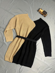 Colorblock Long Sleeve V Neck Sweater Dress With Belt