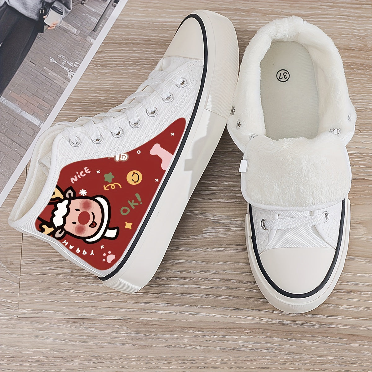 Christmas Reindeer Print Plush Lined Thermal Chunky Canvas Sneakers
