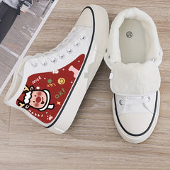 Christmas Reindeer Print Plush Lined Thermal Chunky Canvas Sneakers