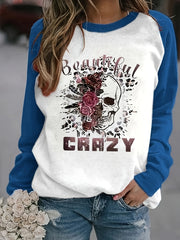 Crazy & Skull Print Sweatshirt Long Sleeve Crew Neck Women's Clothing