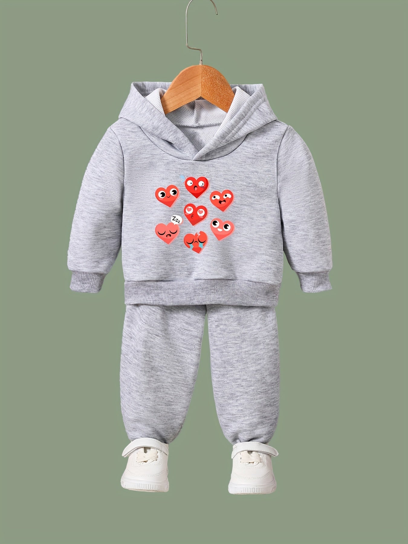 Girls Heart Pattern Hooded Sweatshirt Sweatpants Set