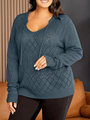 Casual Sweater Women's Solid Pointelle Drawstring V Neck Pullover