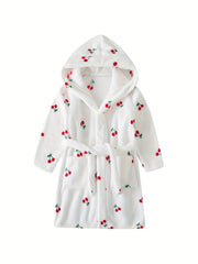 Girls Hooded Bathrobe Strawberry Pattern Flannel Soft Warm Pockets Belt Robe