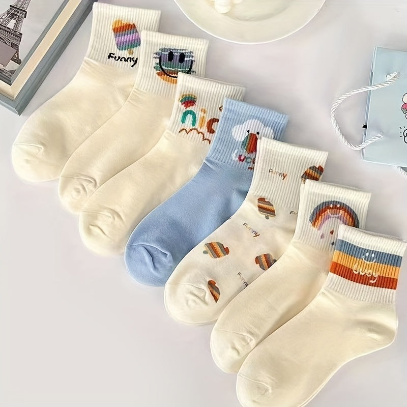 7 Pairs Smile Print Socks Comfy & Breathable Women's Stockings