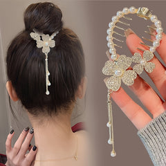 Flower Rhinestones & Faux Pearls Hair Clip Women Girls