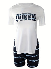 Tie Dye Striped Two piece Set Short Sleeve Split T shirt & High Waist Shorts