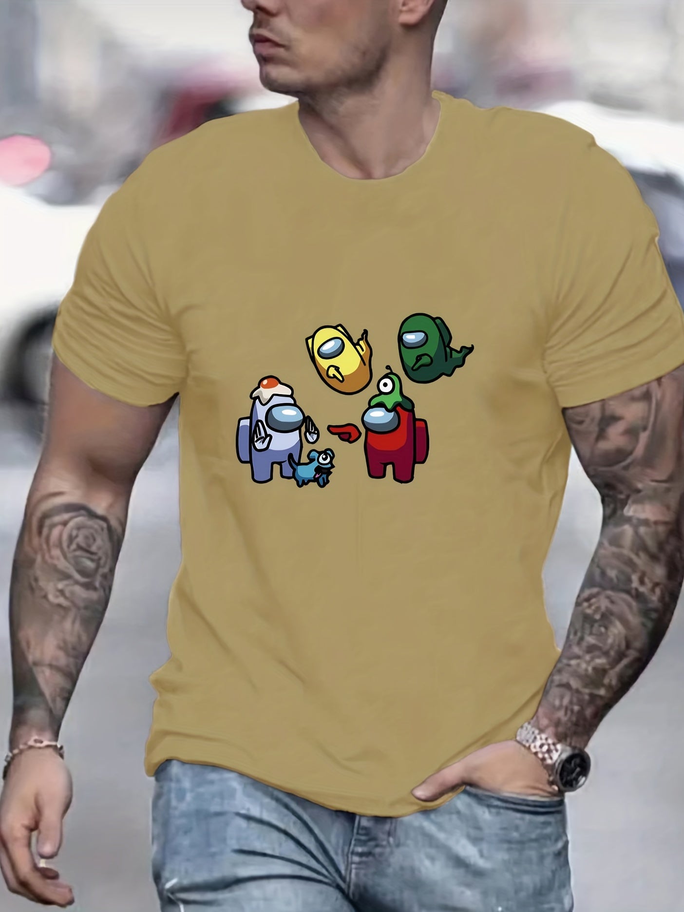 Cartoon Monster Print Men's Graphic Crew Neck Active T shirt Casual Comfy Tees