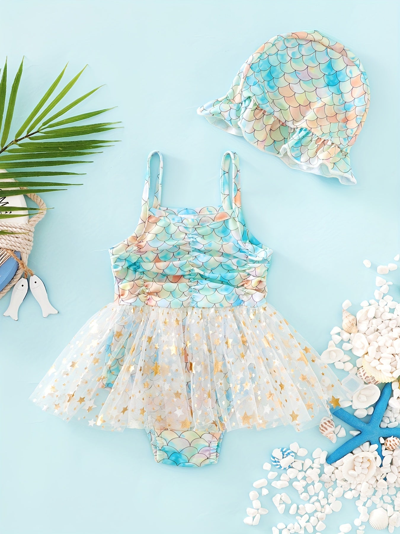 2pcs Toddler Girls Fish Scales Cami Swimsuit & Cap Set