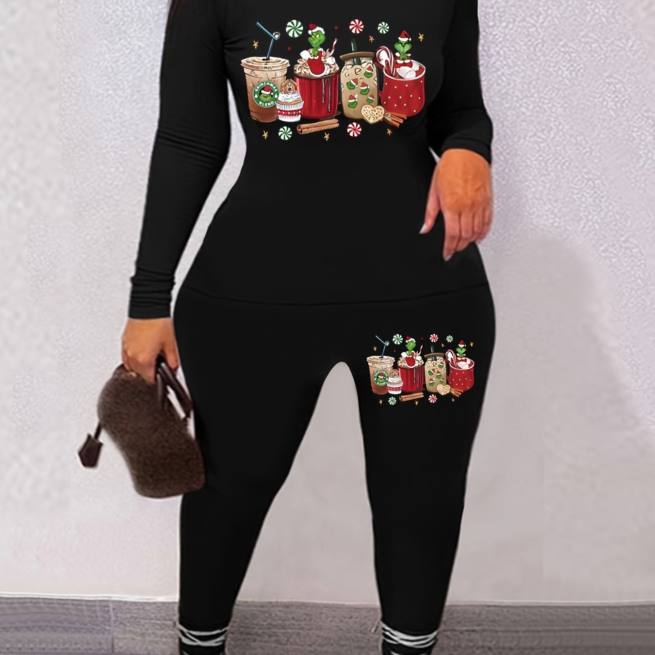 Christmas Matching 2pc Set Long Sleeve T-shirt & Leggings Women's Clothing