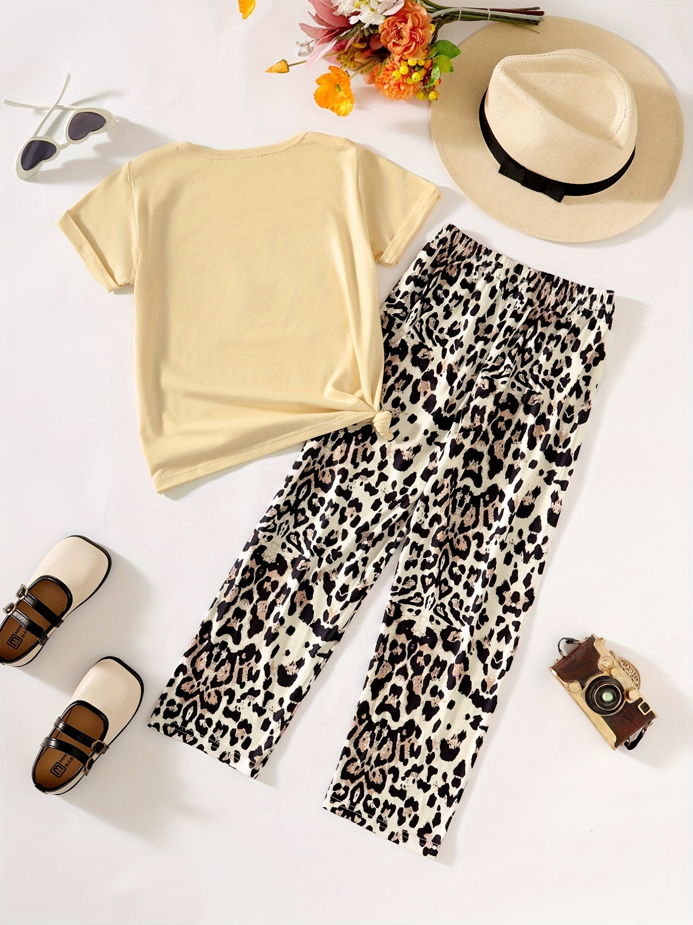 2 Pcs Girls' Portrait Tee & Animal Print Pants Set For Summer