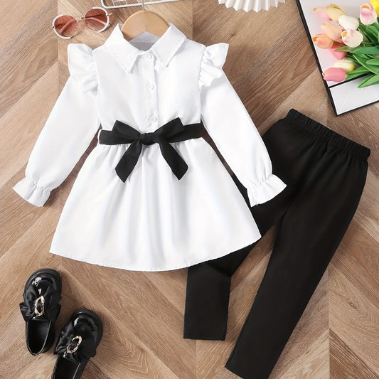 Girl's 2pcs Shirt & Pants Set Ruffle Decor Outfit For Spring Fall