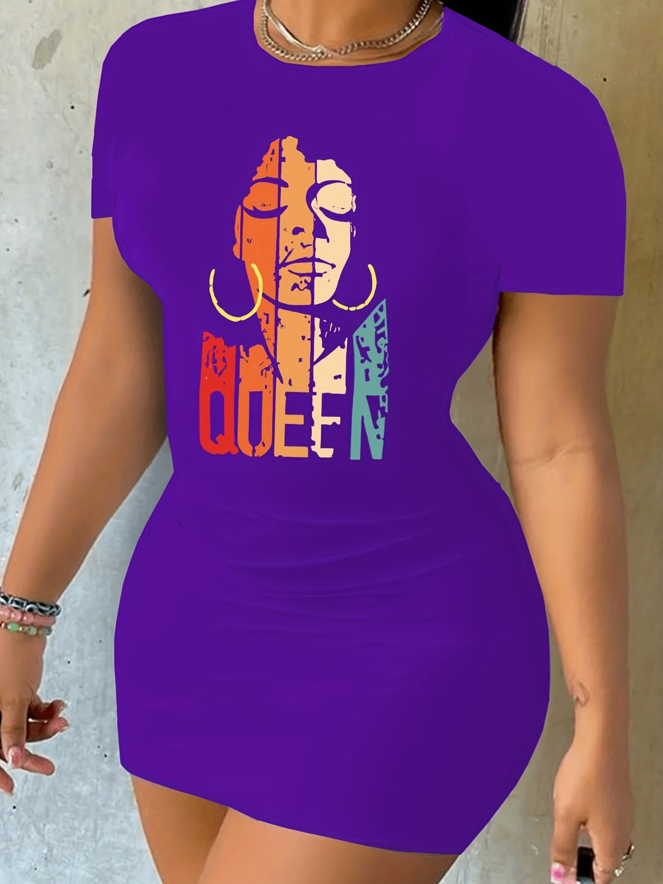 Queen Print Slim Dress Sexy Crew Neck Short Sleeve Women's Clothing