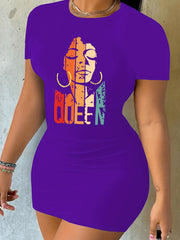 Queen Print Slim Dress Sexy Crew Neck Short Sleeve Women's Clothing