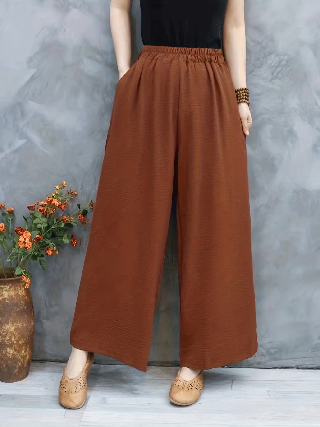 Solid Elastic Waist Wide Leg Pants Casual Pocket Pants