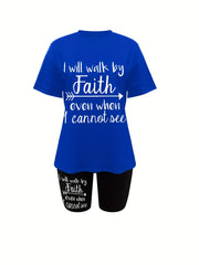 Letter Print Two piece Casual Short Sleeve T shirt & Skinny Shorts Set