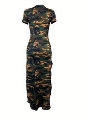 Camo Print Side Split Dress Short Sleeve Casual Dress Spring Summer