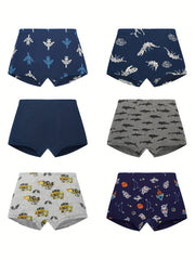 6pcs Boys Boxer Briefs Dinosaur Car Print Soft Comfortable Underwear
