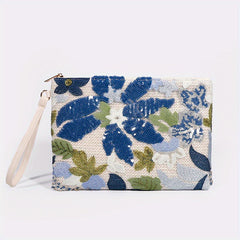 Embroidery Clutch Straw Bag Sequin Flower Handbag Women's Woven Square Purse