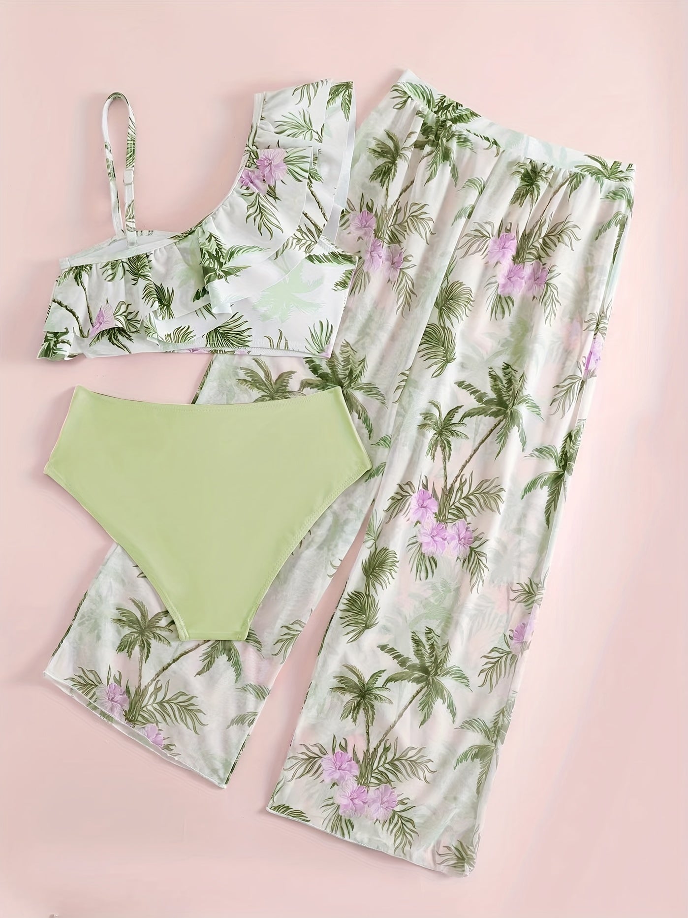 Girl's Bikini Swimsuit 3pcs Ruffle Decor Camisole & Briefs & Pants Set