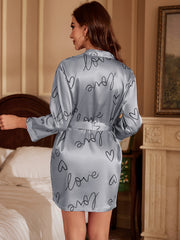 Heart Print Night Robe Long Sleeve V Neck Robe With Belt