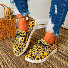 Leopard & Sunflower Print Canvas Lace-up Low Top Shoes Lightweight Outdoor