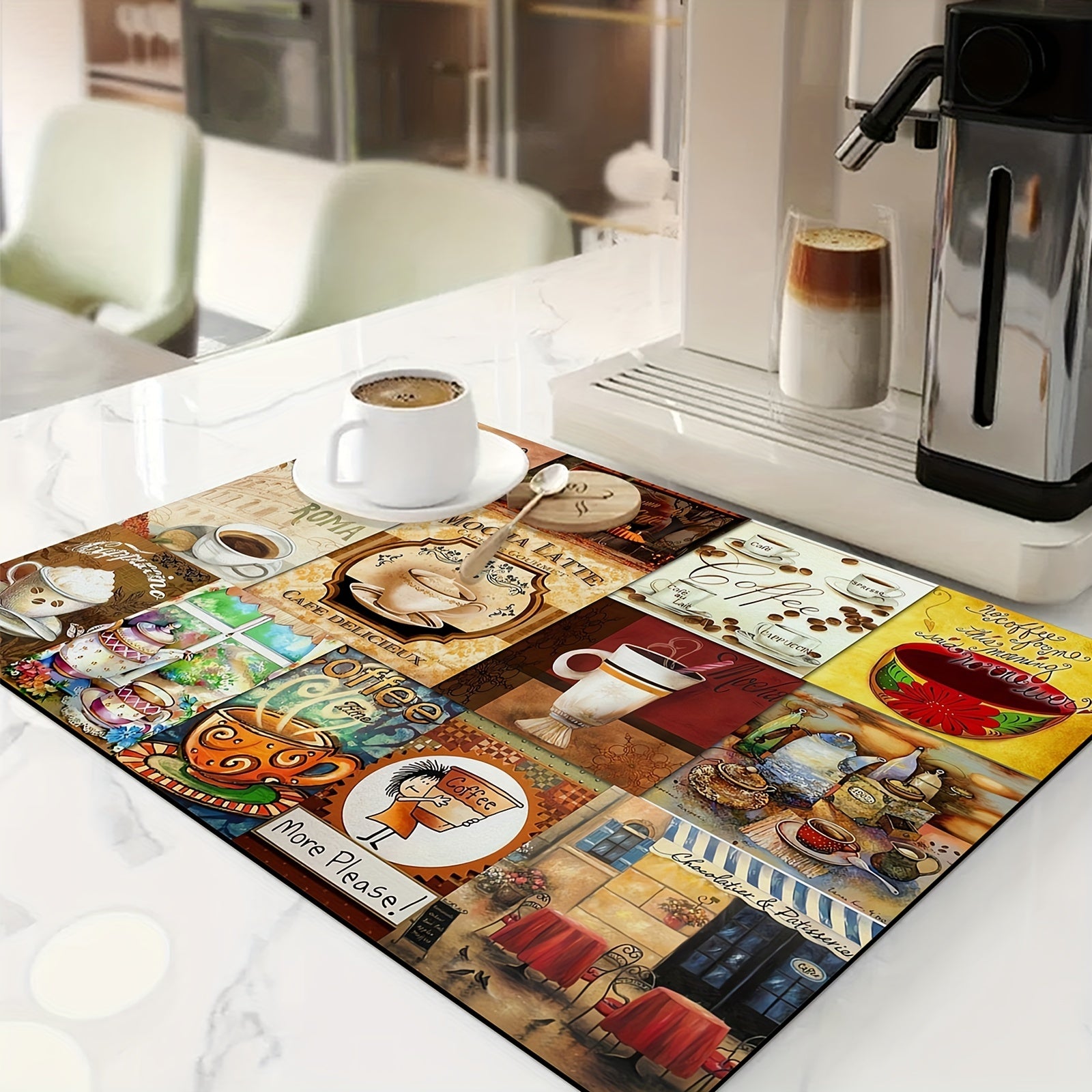 Coffee Printed Dish Drying Mat Soft Rubber Non Slip Absorbent Wear resistant