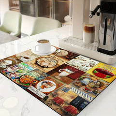 Coffee Printed Dish Drying Mat Soft Rubber Non Slip Absorbent Wear resistant