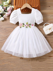 Toddler Girls Puff Sleeve Floral Princess Dress For Party Beach