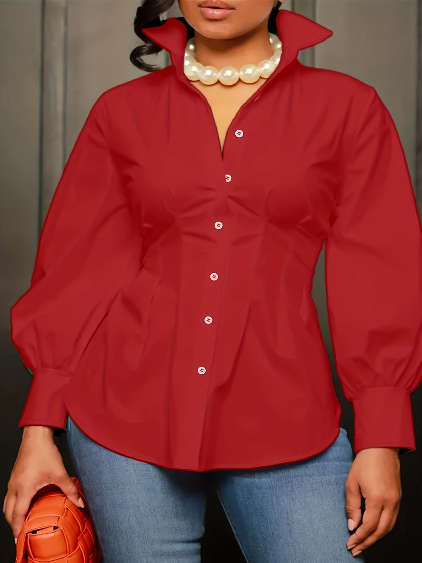 Solid Button Up Lantern Sleeve Blouse