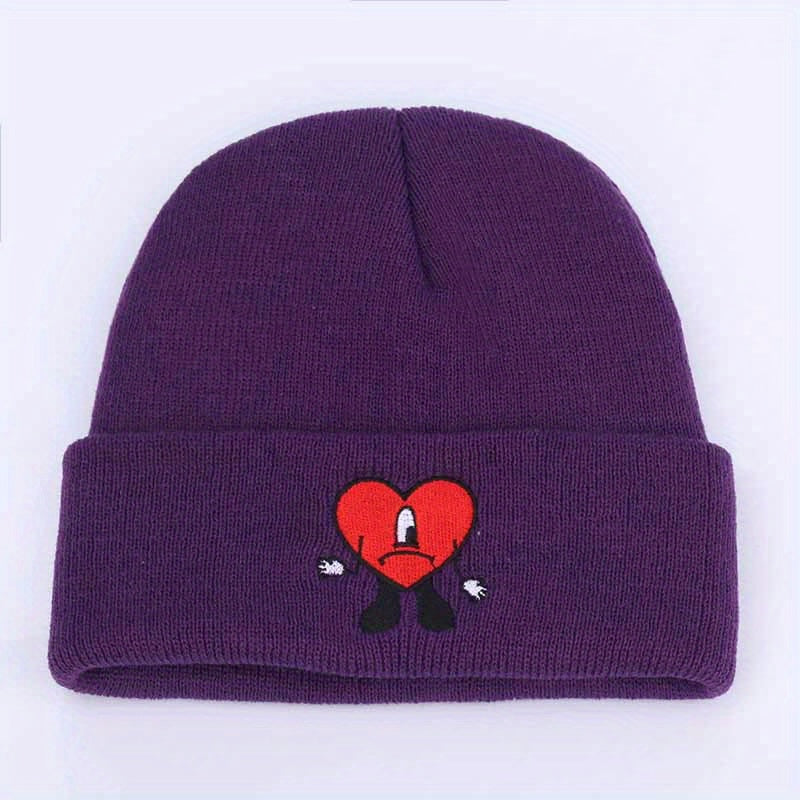 Heart Embroidery Beanie Unisex Warm Elastic Hip Hop Skull Cap