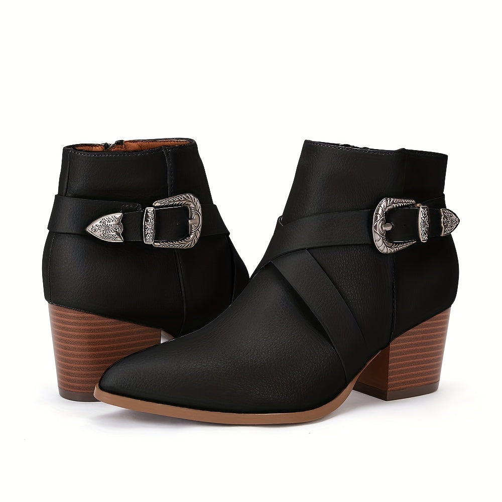 Women's Pointed Toe Ankle Boots Cross Buckle Strap Side Zip Short Boots
