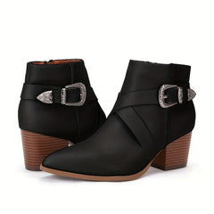 Women's Pointed Toe Ankle Boots Cross Buckle Strap Side Zip Short Boots