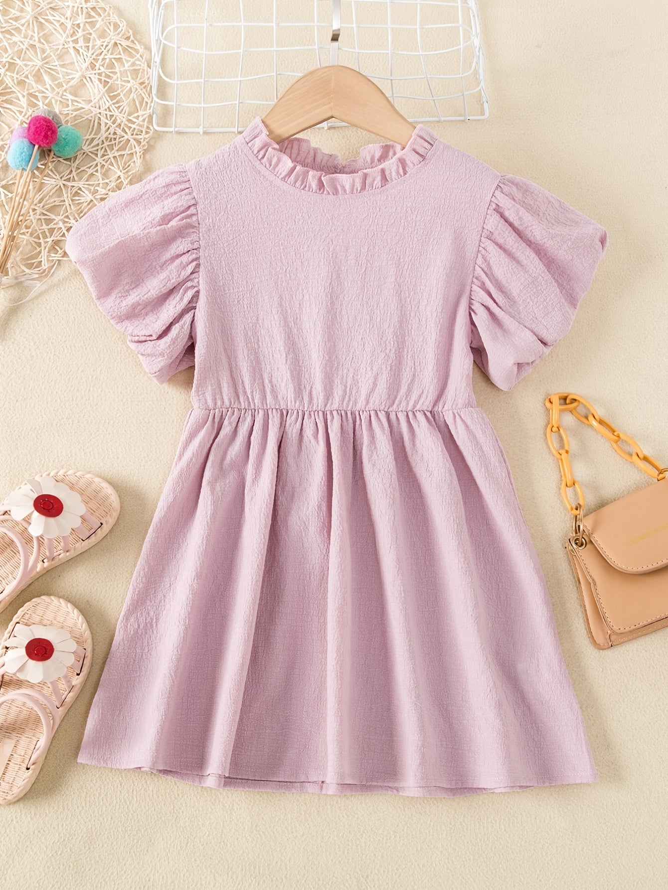 Girls Princess Dress Ruffle Neck Puff Sleeve High Waist Swing Dress