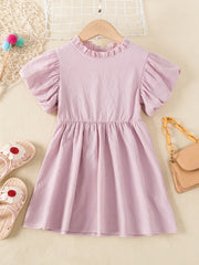 Girls Princess Dress Ruffle Neck Puff Sleeve High Waist Swing Dress