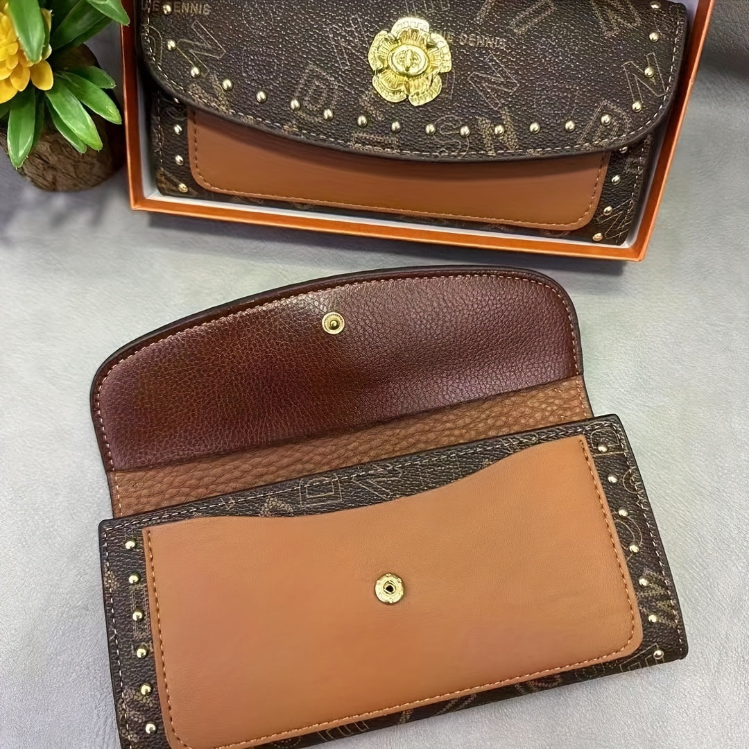 Vintage Style Women's Wallet Set Large Capacity Tri Fold Button Close