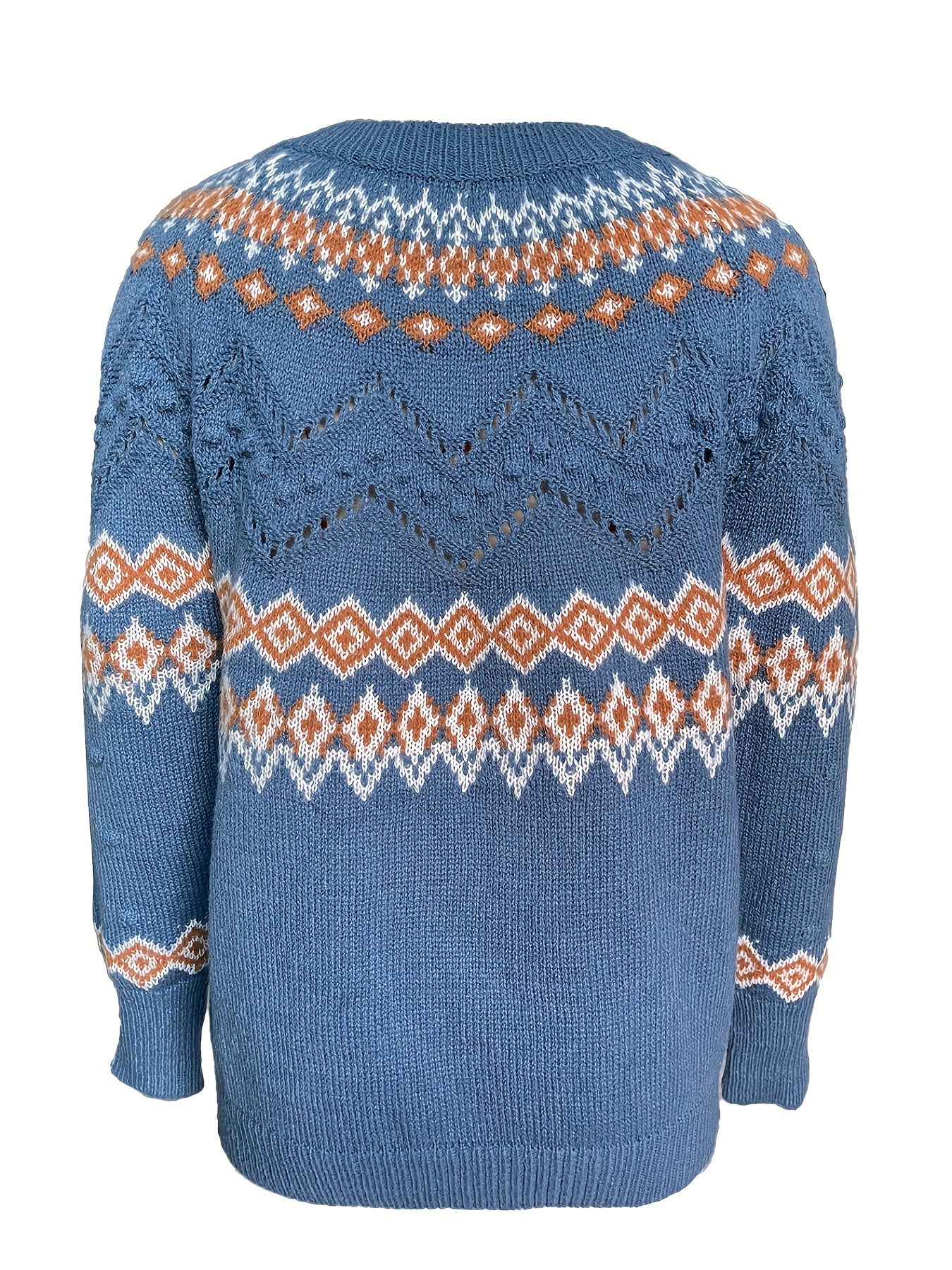 Argyle Pattern Knit Sweater Vintage Crew Neck Long Sleeve Women's Clothing