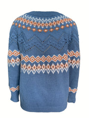 Argyle Pattern Knit Sweater Vintage Crew Neck Long Sleeve Women's Clothing