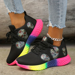 Skull Pattern Mesh Sneakers Lace Up Sports Shoes