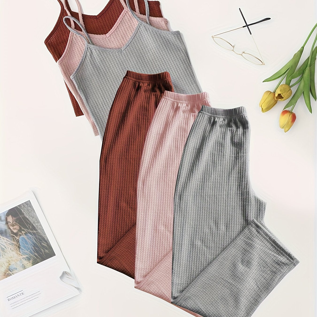3-Piece Waffle Lounge Set Sleeveless Top & Elastic Pants