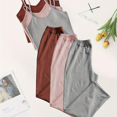 3-Piece Waffle Lounge Set Sleeveless Top & Elastic Pants