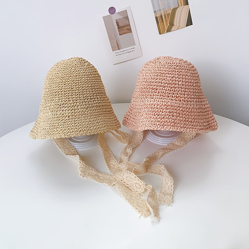 Girls Braided Straw Hat With Lace Straps Sun Protection